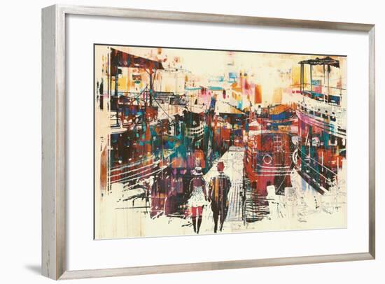 Couple Walking on Harbor Pier with Colorful Boats,Illustration Painting-Tithi Luadthong-Framed Art Print