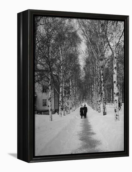 Couple Walking Through a Snow Covered Road-Carl Mydans-Framed Premier Image Canvas