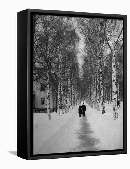 Couple Walking Through a Snow Covered Road-Carl Mydans-Framed Premier Image Canvas