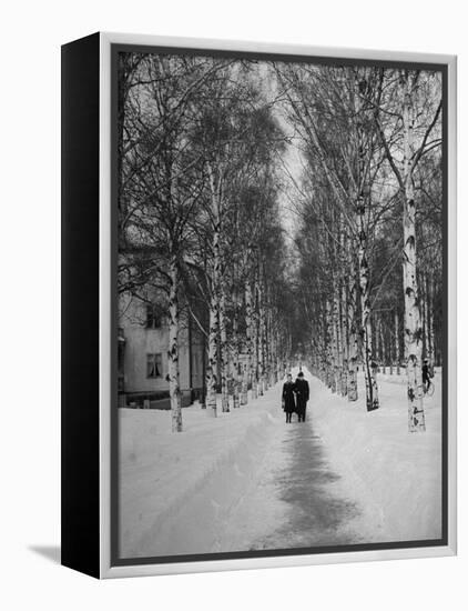 Couple Walking Through a Snow Covered Road-Carl Mydans-Framed Premier Image Canvas