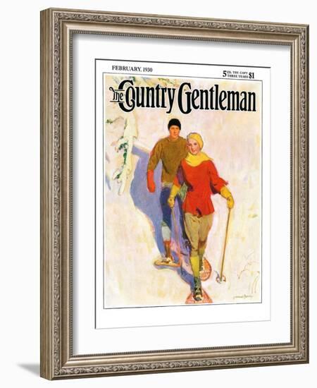 "Couple Wearing Snowshoes," Country Gentleman Cover, February 1, 1930-McClelland Barclay-Framed Giclee Print