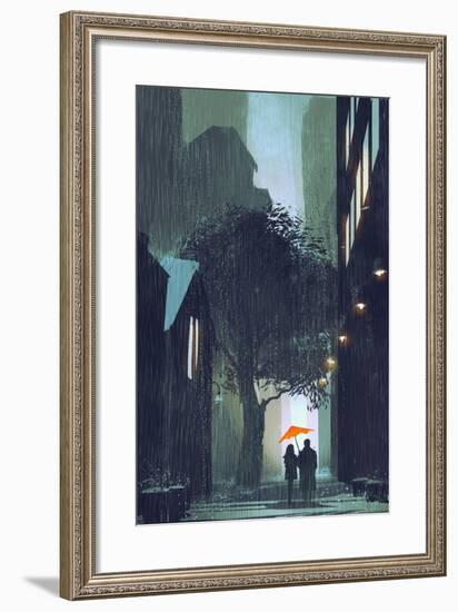 Couple with Red Umbrella Walking in Raining Street at Night,Illustration Painting-Tithi Luadthong-Framed Art Print