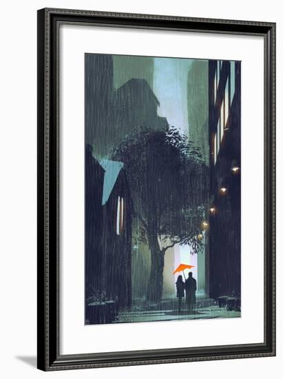 Couple with Red Umbrella Walking in Raining Street at Night,Illustration Painting-Tithi Luadthong-Framed Art Print