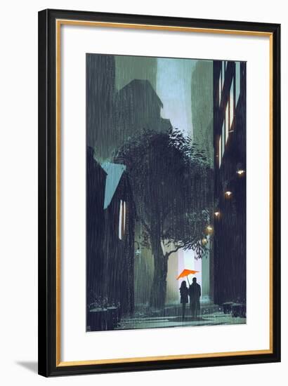 Couple with Red Umbrella Walking in Raining Street at Night,Illustration Painting-Tithi Luadthong-Framed Art Print