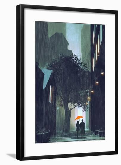 Couple with Red Umbrella Walking in Raining Street at Night,Illustration Painting-Tithi Luadthong-Framed Art Print