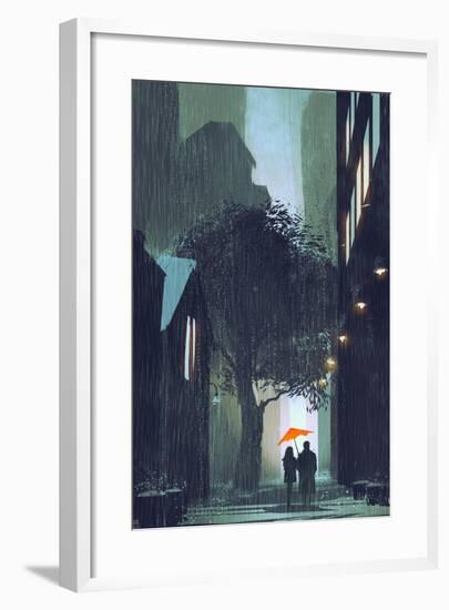 Couple with Red Umbrella Walking in Raining Street at Night,Illustration Painting-Tithi Luadthong-Framed Art Print