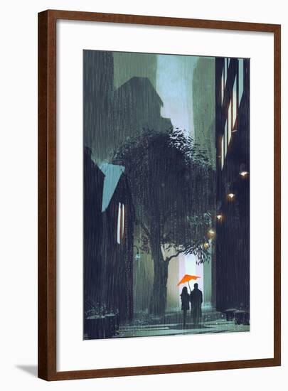 Couple with Red Umbrella Walking in Raining Street at Night,Illustration Painting-Tithi Luadthong-Framed Art Print