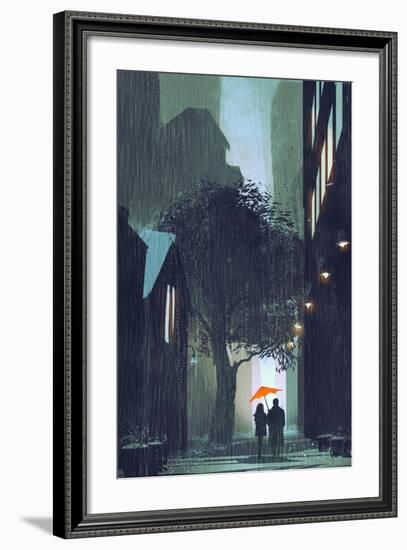 Couple with Red Umbrella Walking in Raining Street at Night,Illustration Painting-Tithi Luadthong-Framed Premium Giclee Print