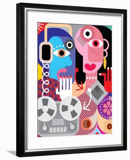 Couple with Retro Recorder - Vector Illustration.-danjazzia-Framed Art Print