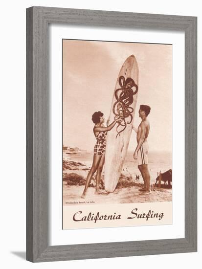 Couple with Surfboard with Octopus Motif-null-Framed Art Print