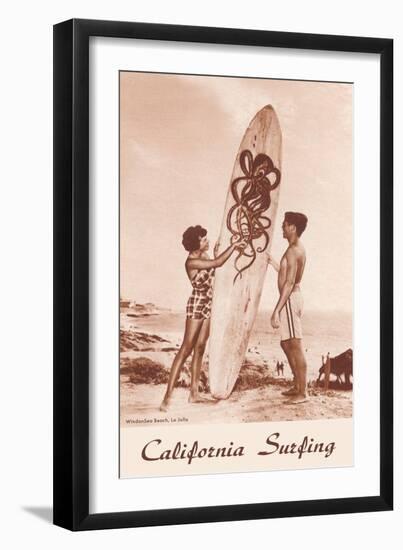 Couple with Surfboard with Octopus Motif-null-Framed Art Print