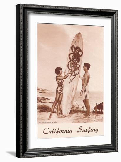 Couple with Surfboard with Octopus Motif-null-Framed Art Print