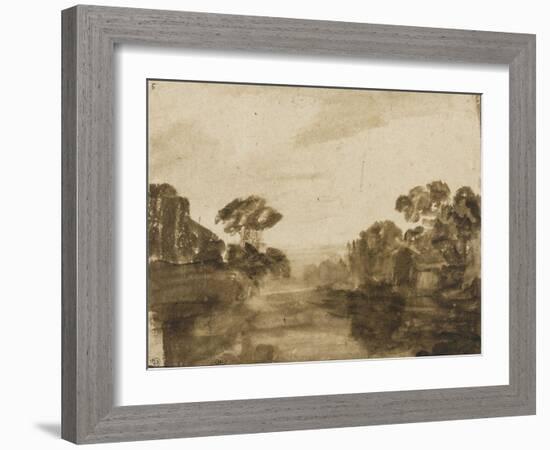 Cours d'eau aux rives boisées ou Impression de crépuscule-Rembrandt van Rijn-Framed Giclee Print