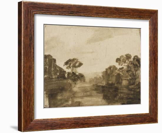 Cours d'eau aux rives boisées ou Impression de crépuscule-Rembrandt van Rijn-Framed Giclee Print