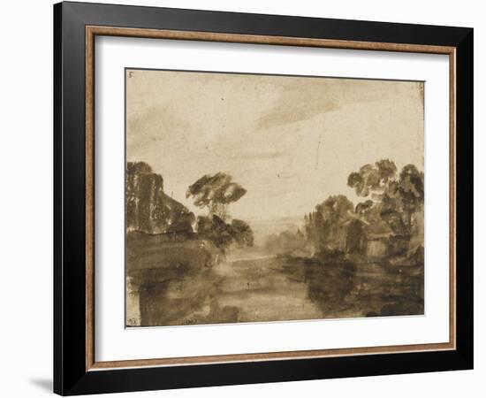 Cours d'eau aux rives boisées ou Impression de crépuscule-Rembrandt van Rijn-Framed Giclee Print