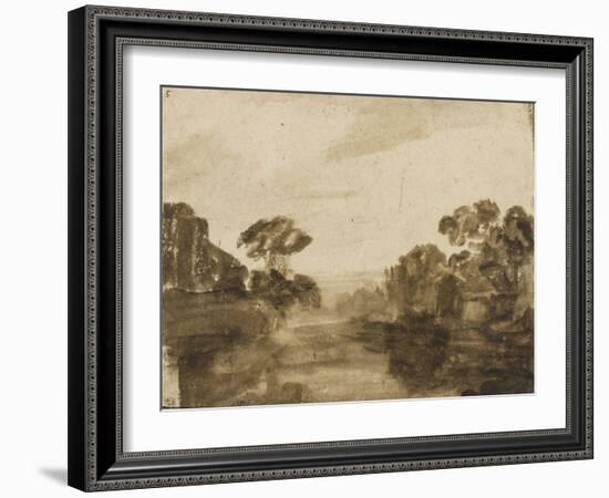 Cours d'eau aux rives boisées ou Impression de crépuscule-Rembrandt van Rijn-Framed Giclee Print