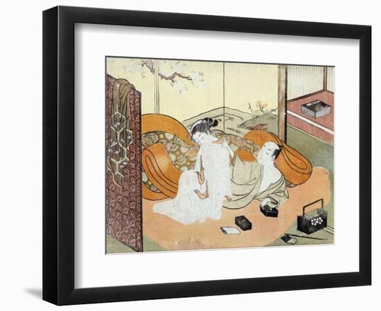 Courtesan and Her Guest in Bed, Japanese Wood-Cut Print-Lantern Press-Framed Art Print