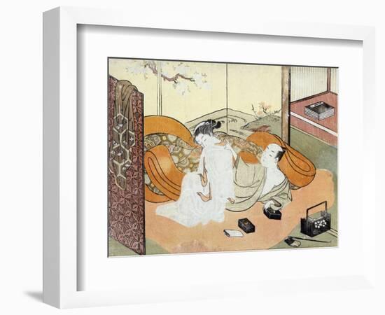 Courtesan and Her Guest in Bed, Japanese Wood-Cut Print-Lantern Press-Framed Art Print