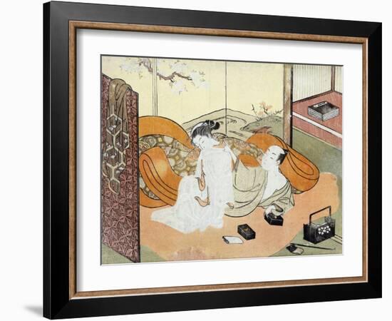 Courtesan and Her Guest in Bed, Japanese Wood-Cut Print-Lantern Press-Framed Art Print