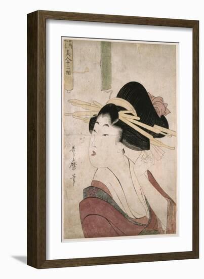 Courtesan Placing a Pin in Her Hair (Without an Inscription in the Partially Unrolled Scroll), 1803-Kitagawa Utamaro-Framed Giclee Print