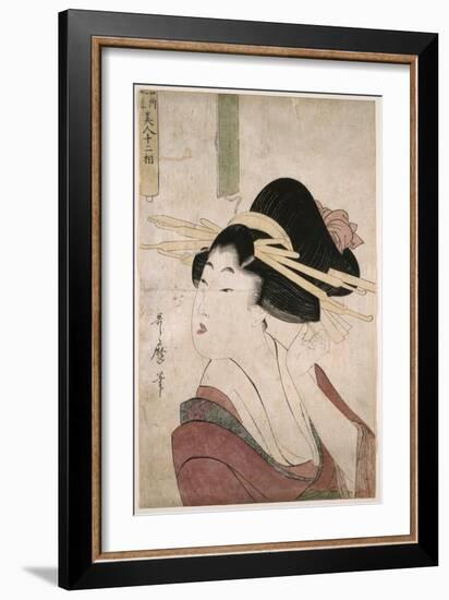 Courtesan Placing a Pin in Her Hair (Without an Inscription in the Partially Unrolled Scroll), 1803-Kitagawa Utamaro-Framed Giclee Print