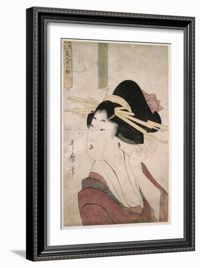 Courtesan Placing a Pin in Her Hair (Without an Inscription in the Partially Unrolled Scroll), 1803-Kitagawa Utamaro-Framed Giclee Print