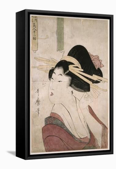 Courtesan Placing a Pin in Her Hair (Without an Inscription in the Partially Unrolled Scroll), 1803-Kitagawa Utamaro-Framed Premier Image Canvas