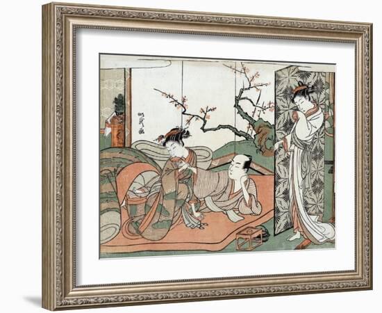 Courtesan Watching a Young Apprentice in Bed, Japanese Wood-Cut Print-Lantern Press-Framed Art Print