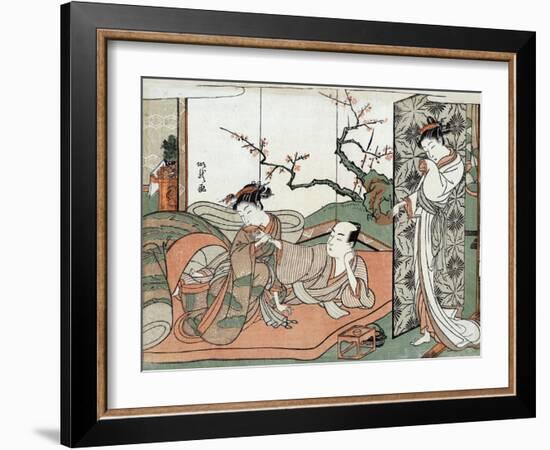 Courtesan Watching a Young Apprentice in Bed, Japanese Wood-Cut Print-Lantern Press-Framed Art Print