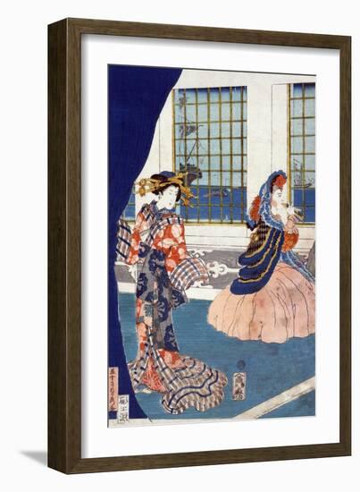 Courtesans in a Western-style Building of Yokohama, Japanese Wood-Cut Print-Lantern Press-Framed Art Print