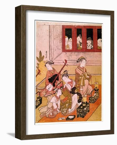 Courtesans Playing Music Exposed to the Eyes of Voyeurs Japanese, C.1769 (Print)-Suzuki Harunobu-Framed Giclee Print