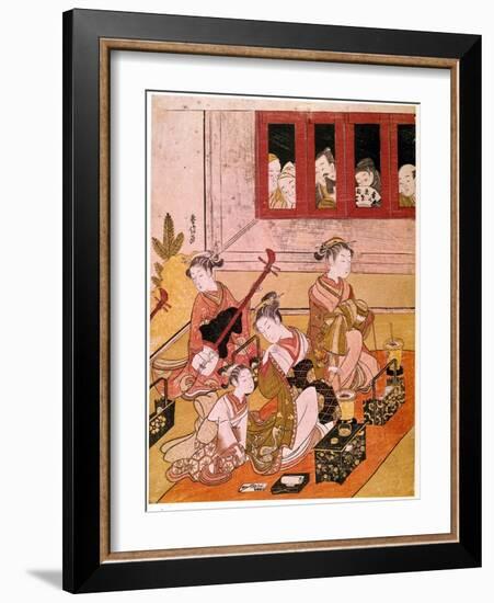 Courtesans Playing Music Exposed to the Eyes of Voyeurs Japanese, C.1769 (Print)-Suzuki Harunobu-Framed Giclee Print