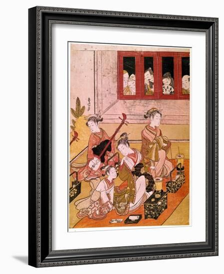 Courtesans Playing Music Exposed to the Eyes of Voyeurs Japanese, C.1769 (Print)-Suzuki Harunobu-Framed Giclee Print