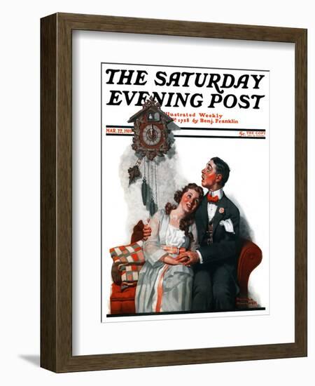 "Courting under the Clock at Midnight" Saturday Evening Post Cover, March 22,1919-Norman Rockwell-Framed Giclee Print