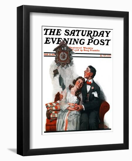 "Courting under the Clock at Midnight" Saturday Evening Post Cover, March 22,1919-Norman Rockwell-Framed Giclee Print