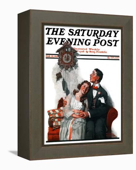 "Courting under the Clock at Midnight" Saturday Evening Post Cover, March 22,1919-Norman Rockwell-Framed Premier Image Canvas