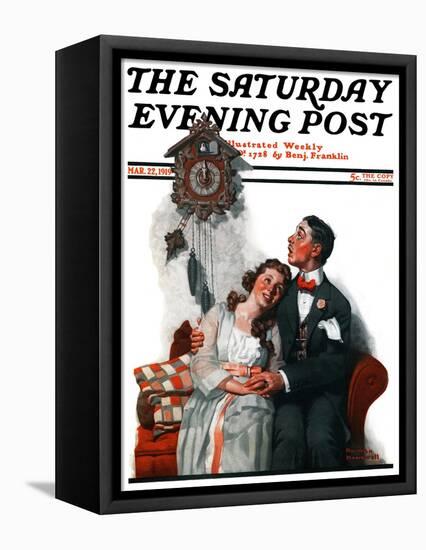 "Courting under the Clock at Midnight" Saturday Evening Post Cover, March 22,1919-Norman Rockwell-Framed Premier Image Canvas