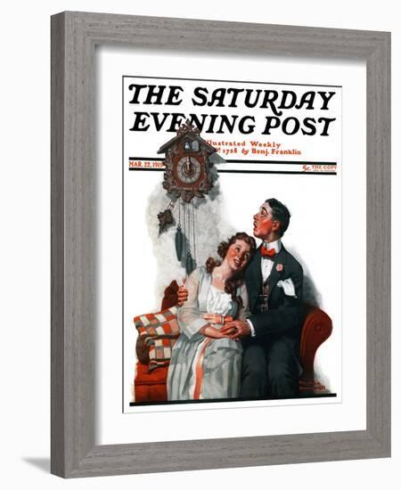 "Courting under the Clock at Midnight" Saturday Evening Post Cover, March 22,1919-Norman Rockwell-Framed Giclee Print