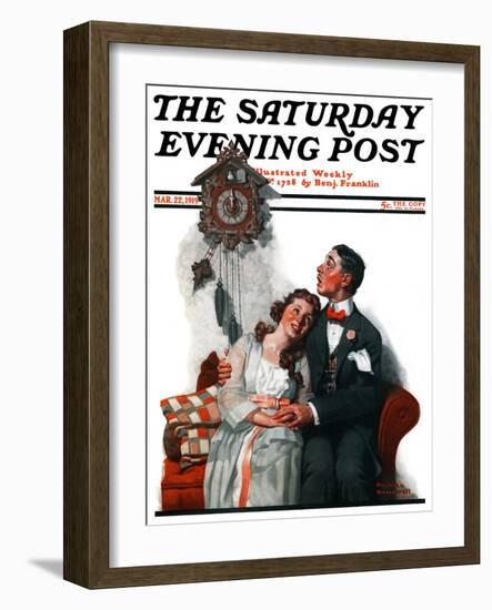 "Courting under the Clock at Midnight" Saturday Evening Post Cover, March 22,1919-Norman Rockwell-Framed Giclee Print