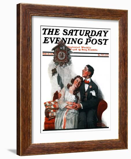 "Courting under the Clock at Midnight" Saturday Evening Post Cover, March 22,1919-Norman Rockwell-Framed Giclee Print