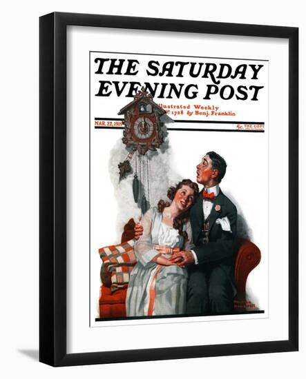 "Courting under the Clock at Midnight" Saturday Evening Post Cover, March 22,1919-Norman Rockwell-Framed Giclee Print