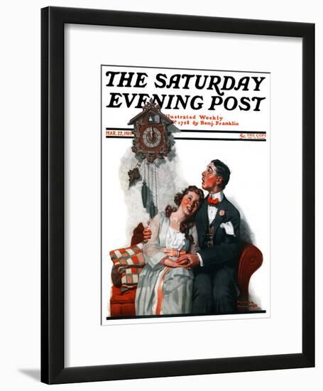 "Courting under the Clock at Midnight" Saturday Evening Post Cover, March 22,1919-Norman Rockwell-Framed Giclee Print