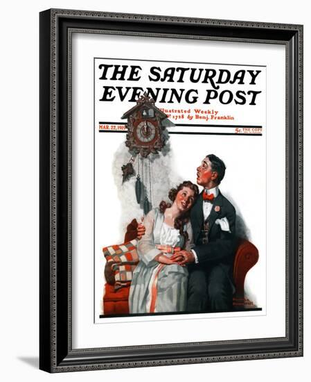 "Courting under the Clock at Midnight" Saturday Evening Post Cover, March 22,1919-Norman Rockwell-Framed Giclee Print