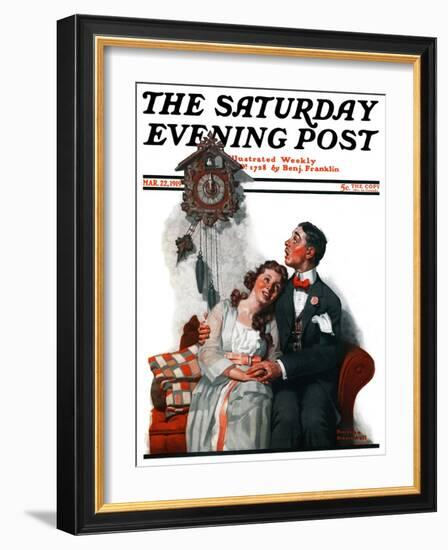 "Courting under the Clock at Midnight" Saturday Evening Post Cover, March 22,1919-Norman Rockwell-Framed Giclee Print