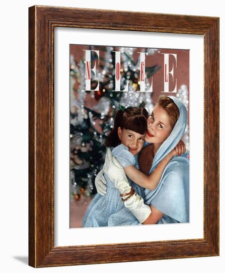 Cover of French Magazine Elle December, 1948: a Mother with Her Daughter in Front of Christmas Tree-null-Framed Photo