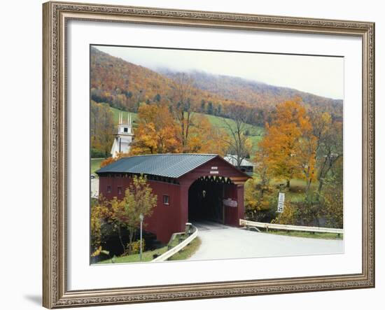Covered Bridge in Autumn Landscape, Battenkill, Arlington Bridge, West Arlington, Vermont, USA-Scott T^ Smith-Framed Photographic Print