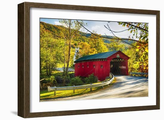 Covered Bridge In The Green Mountains, Vermont-George Oze-Framed Premium Photographic Print