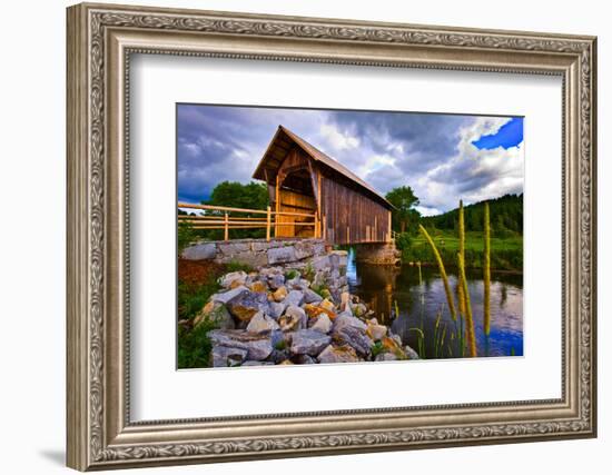 Covered bridge on river, Vermont, USA-null-Framed Photographic Print