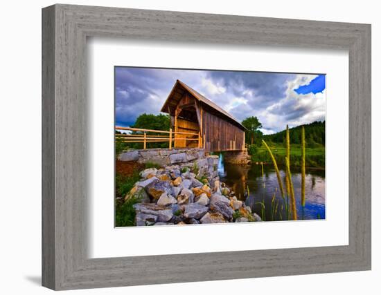 Covered bridge on river, Vermont, USA-null-Framed Photographic Print