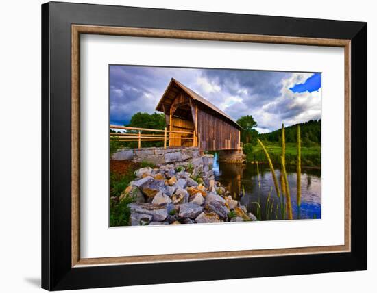 Covered bridge on river, Vermont, USA-null-Framed Photographic Print